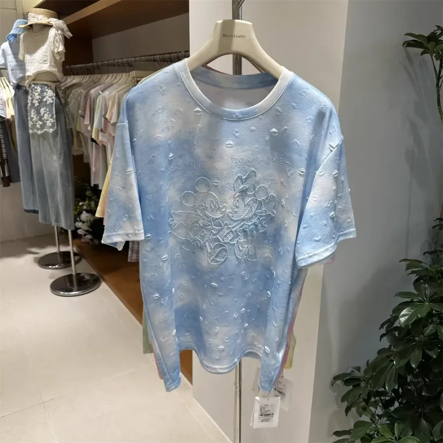 A139 - 2026 New Tie-Dye Cotton T-Shirt: Mickey Mouse Embroidery, Distressed Holes, and Hand-stitched Beadwork Flowers