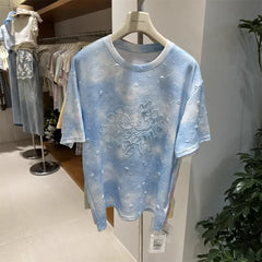 A139 - 2026 New Tie-Dye Cotton T-Shirt: Mickey Mouse Embroidery, Distressed Holes, and Hand-stitched Beadwork Flowers