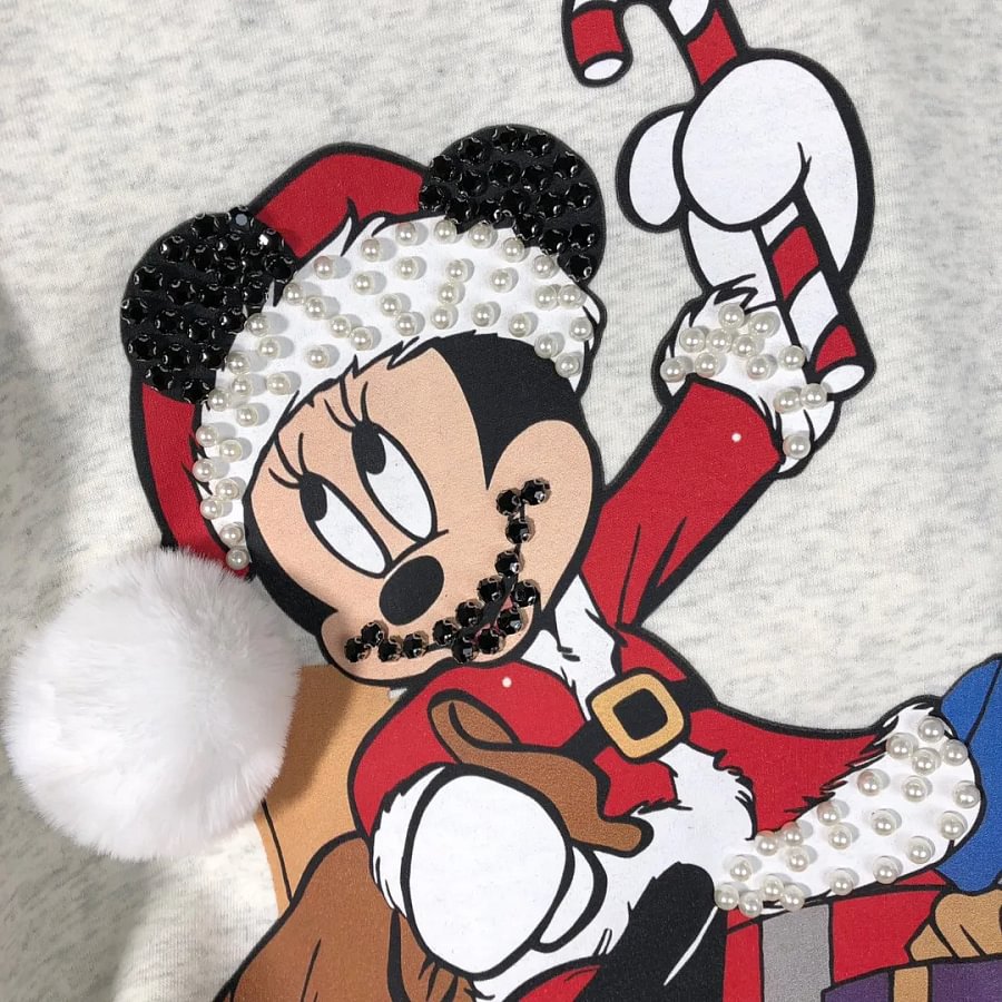 VINESU Christmas MN Cartoon Print Hand-Applied Beads Crewneck Sweatshirt