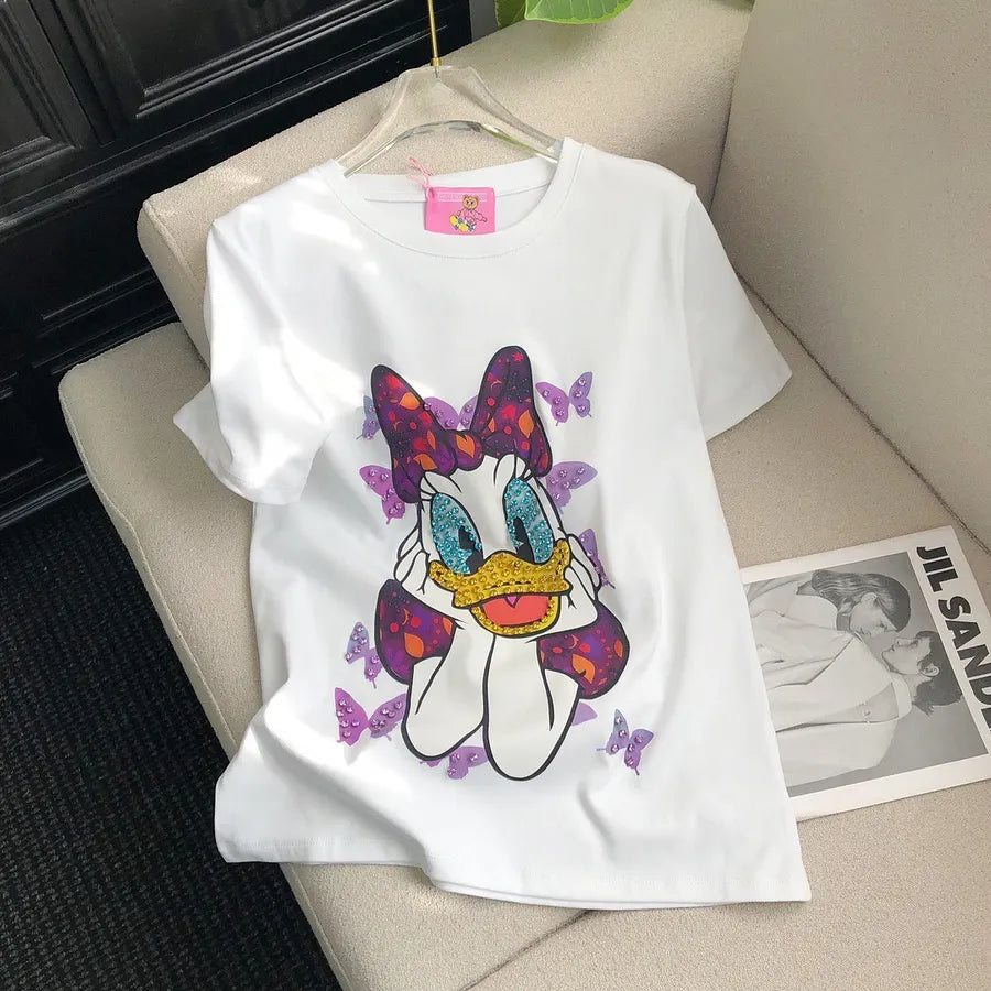 VINESU Sparkly Daisy Duck with Purple Butterflies – Black Edgy-Cute Short-Sleeve Tee