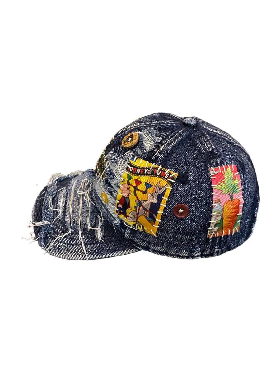 Vinesu H11 - Vintage BugsBunny Patchwork Distressed Baseball Cap | Handmade One-of-a-Kind Sun Hat💙Sea Blue