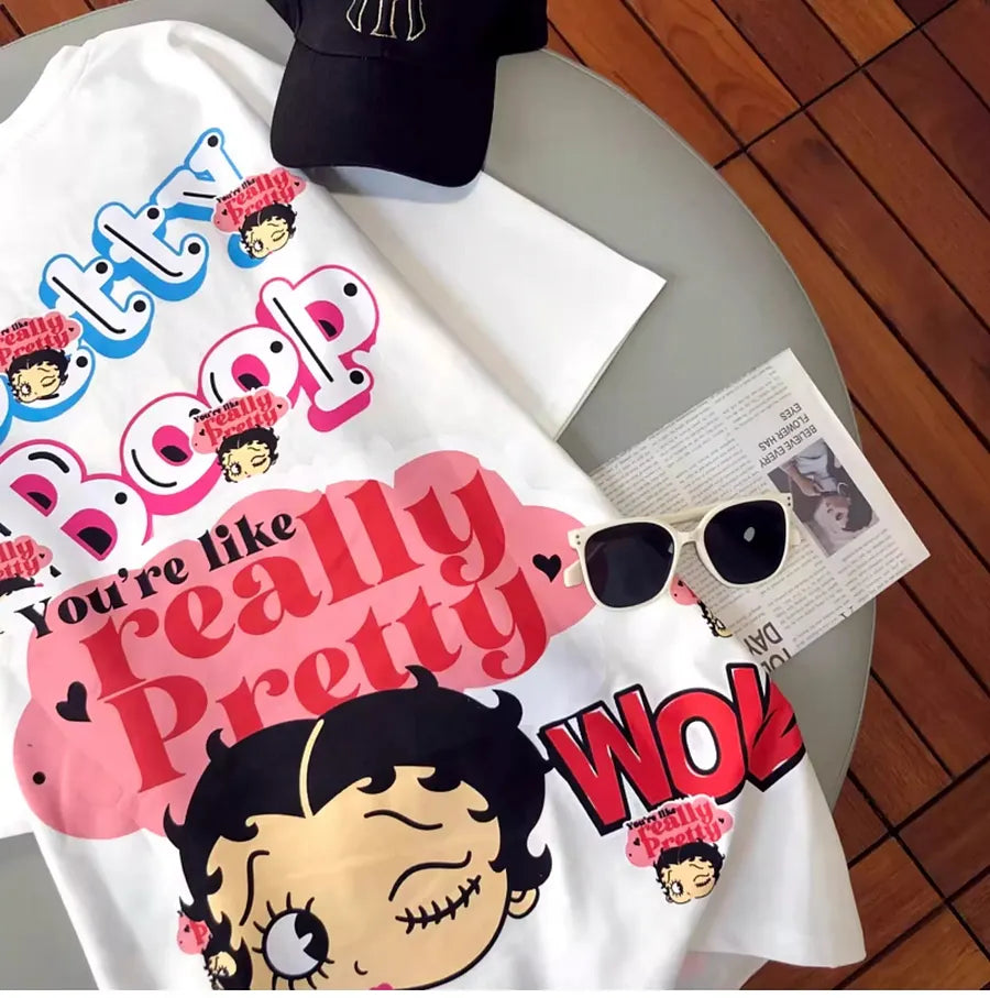 VINESU A01 - Rhinestone Betty Boop Cotton Brushed Oversized T-Shirt