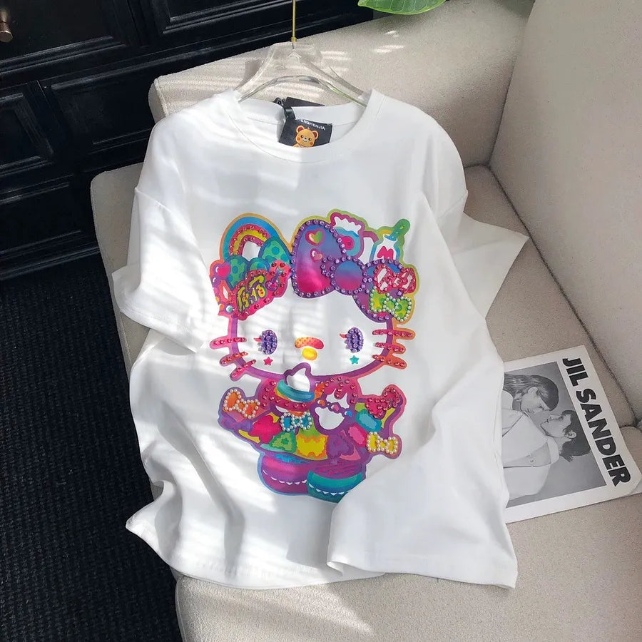 VINESU Diamond-Embellished Colorful Hello Kitty Short Sleeve 🌸