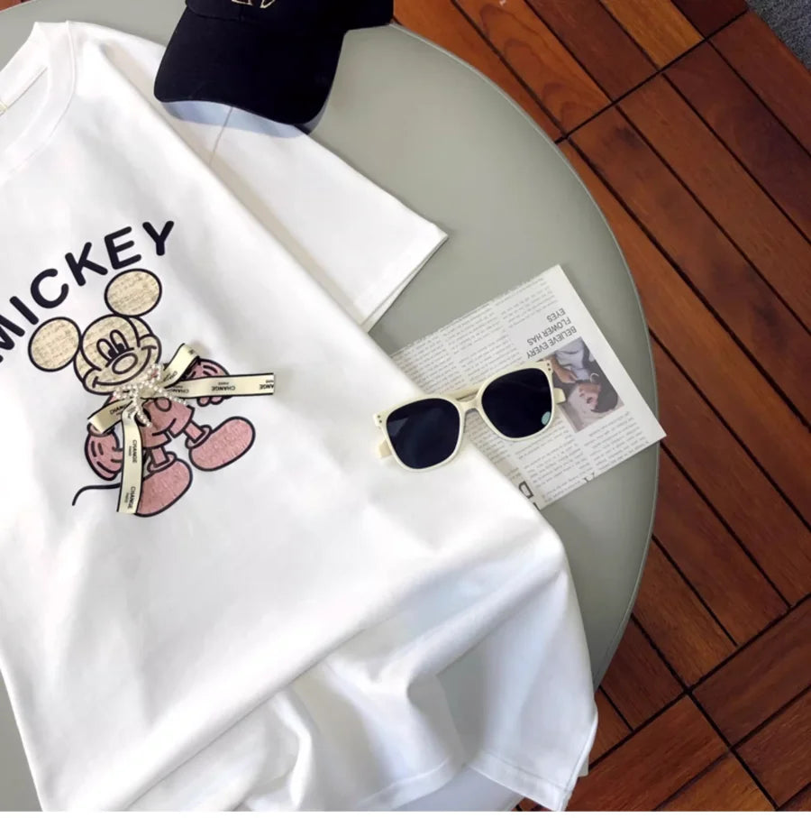 A143 - Luxury Handcrafted Pearl Ribbon Mickey T-Shirt - 220g Premium Heavyweight Cotton