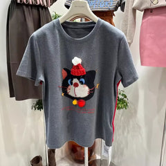 VINESU A48 Oversized 3D Christmas Cat Graphic Tee | Blessing Coquette Top