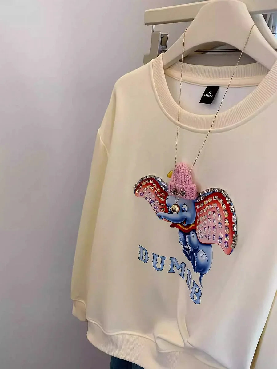 VINESU Dumbo Sweatshirt - with ears covered in shiny rhinestones and wearing a three - dimensional plush small hat
