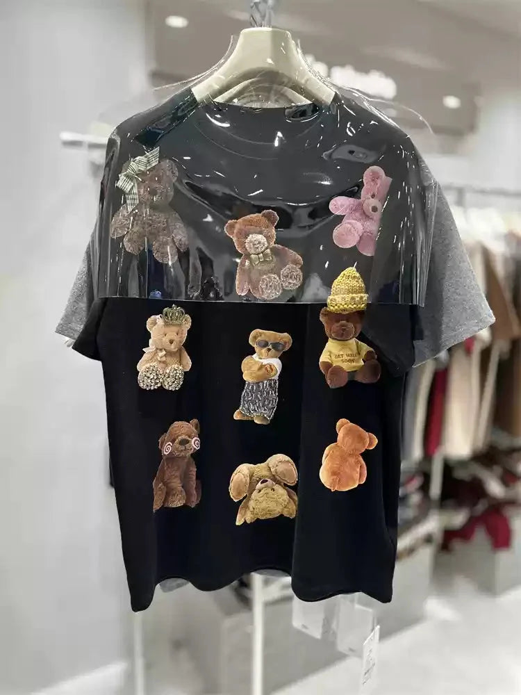 VINESU All-Over Teddy Bear Embroidery Heavyweight Tee