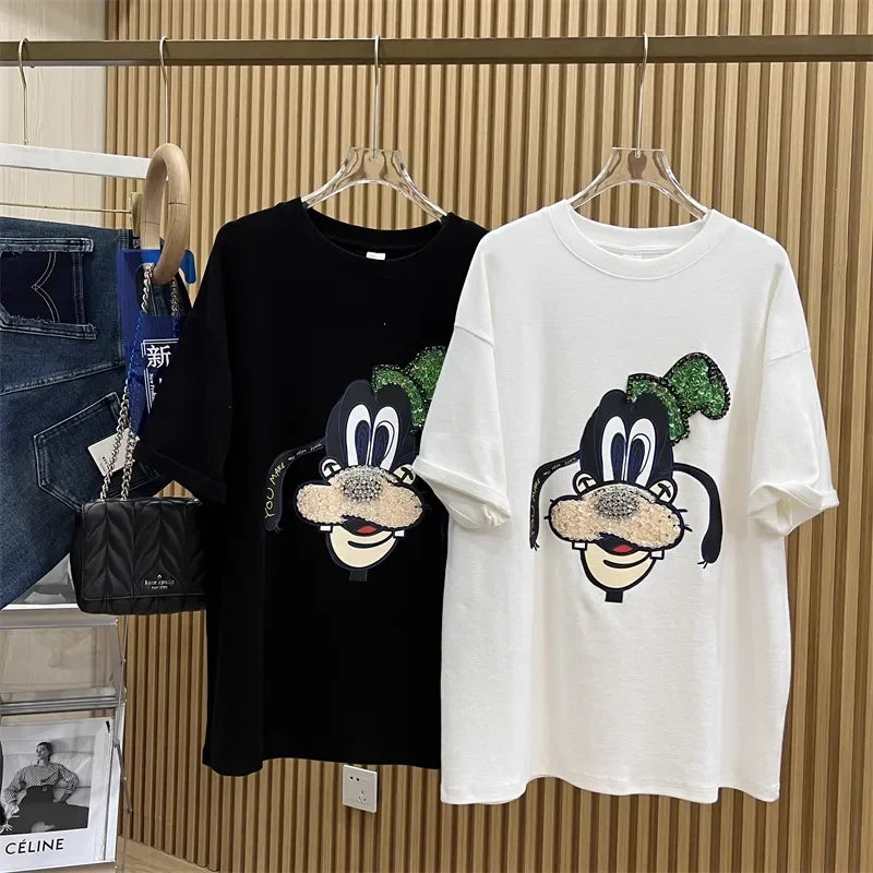 VINESU Goofy Cartoon Sequin-Embellished T-Shirt