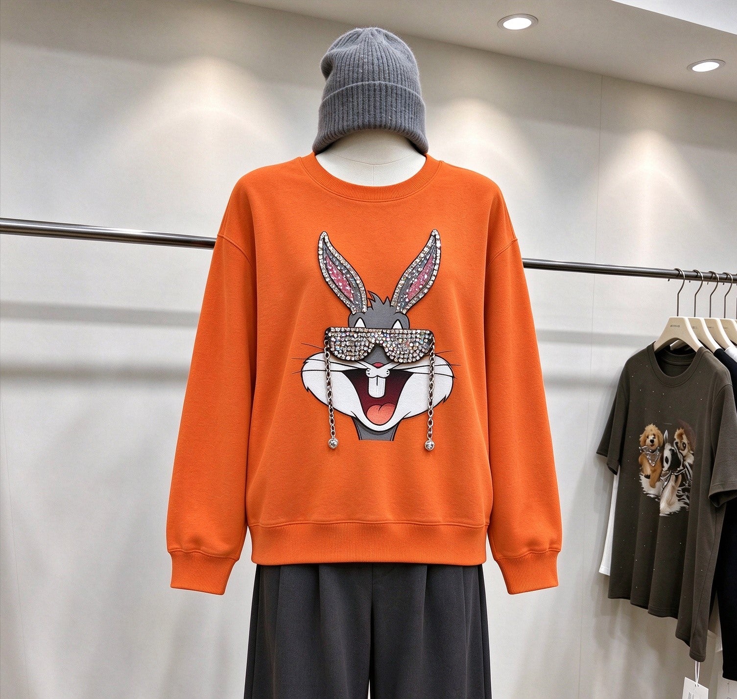 Rhinestone Bugsbunny Graphic Sweatshirt | 3D Chain & Beaded Sunglasses Crewneck
