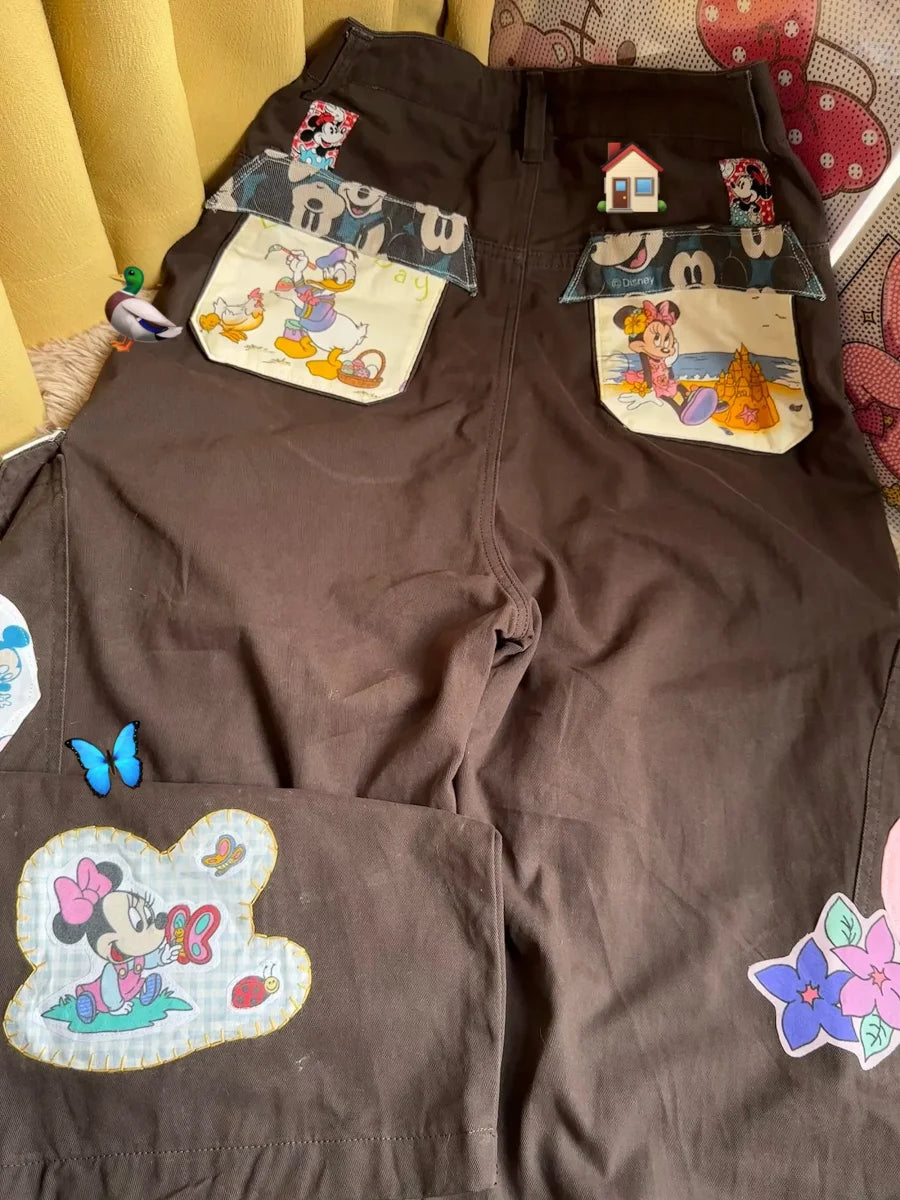 Retro Mickey & Friends Patchwork Cargo Pants - Unisex Hip-Hop Streetwear Trousers, Creative Cartoon Graphic Loose Fit Pants