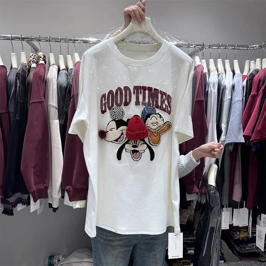 3D Knit Beanie Mickey Mouse Embroidered T-Shirt - Artisanal Character Graphic Tee - 220g Premium Heavyweight Cotton - Structured Boxy Fit