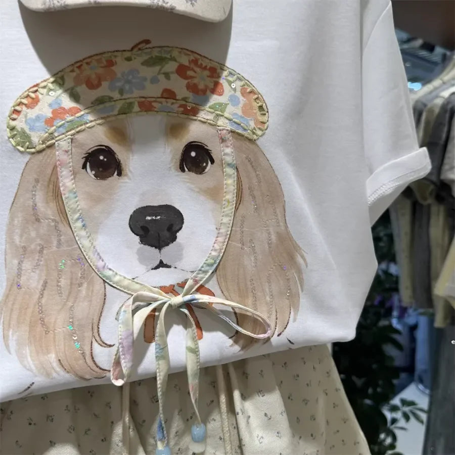 A119 - Vintage French Style Dog Tee - 220g Pure Cotton with Floral Beret Patch & 3D Ribbon Detail