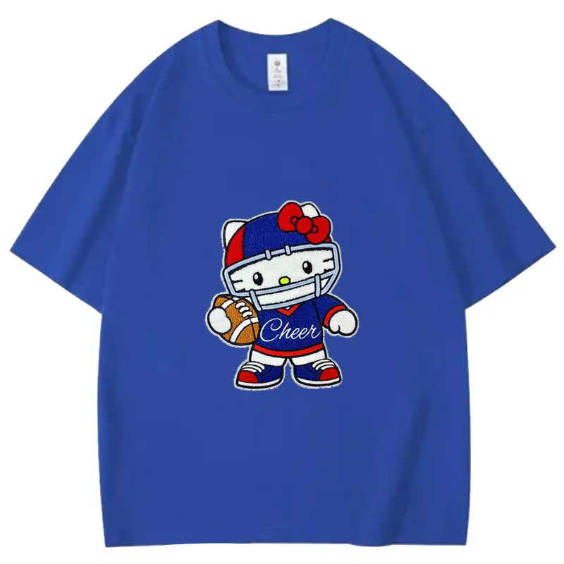 VINESU Sports Style Hello Kitty Football-Themed Textured Embroidered Short-Sleeve T-Shirt