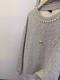 VINESU A42 Women’s Oversized Pearl Embellished Crewneck Sweatshirt | Floral Accent Casual Top