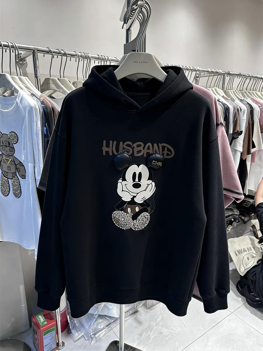 VINESU Rhinestone Mickey Hoodie - 3D Bling Design, Sweet-Cool Street Style