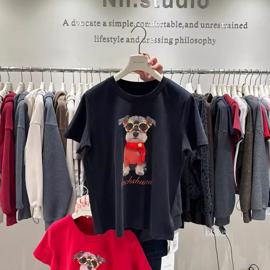 VINESU A50 220GSM Cotton Schnauzer Graphic Tee | Rhinestone Embellished Dog Print T-Shirt