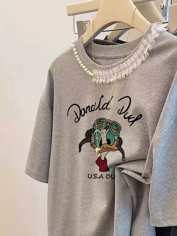 VINESU Slate Gray Lace-Trimmed T-Shirt with Hand-Sewn Beadwork