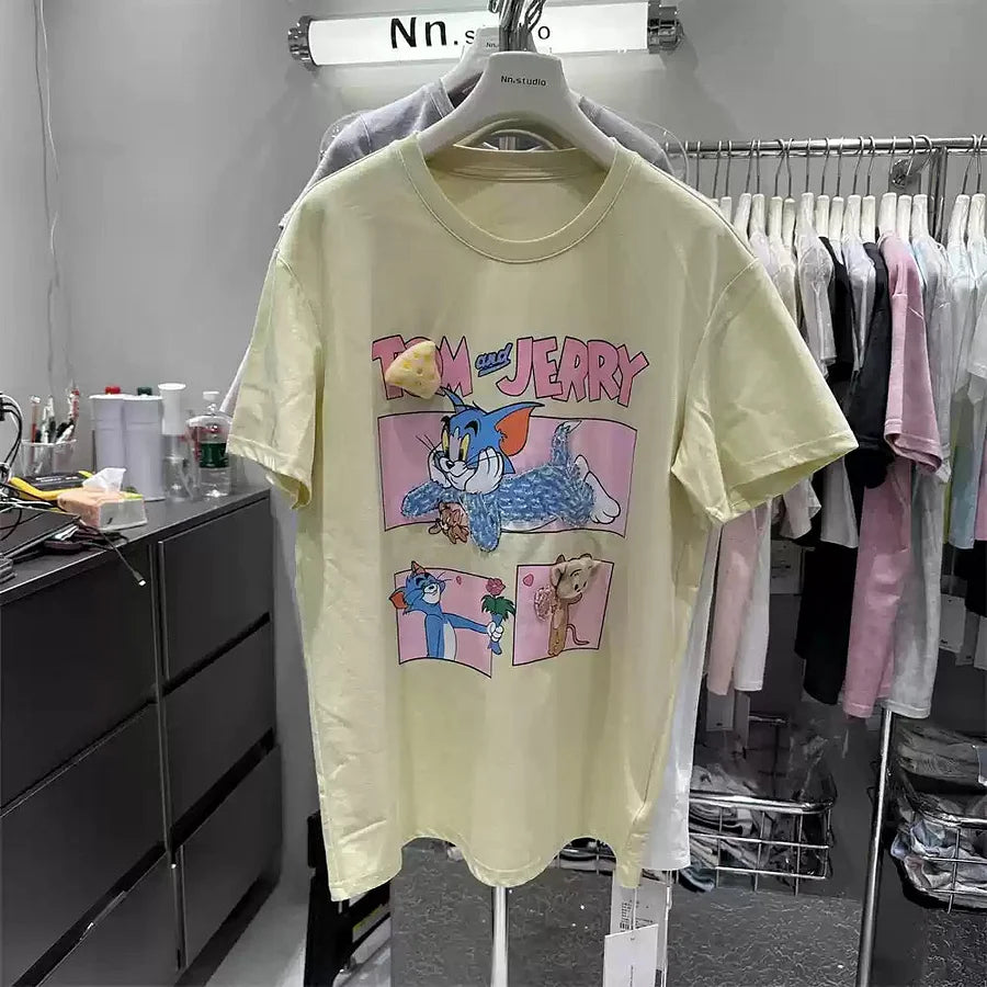 Artisan Tom & Jerry 3D Embellished Tee | Hand-Beaded Crystal Tom & Plush Jerry | 220g Premium Structured Cotton