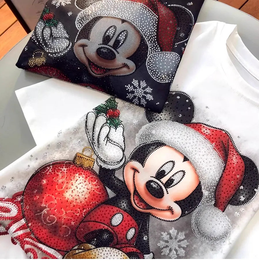 VINESU A08 - New Arrival Christmas Mouse Rhinestone Oversized Tee