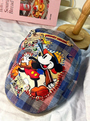 Vinesu H14 - Handmade Reworked Mickey Plaid Beret | One-of-a-Kind Vintage Newsboy Cap | Retro Academic Style