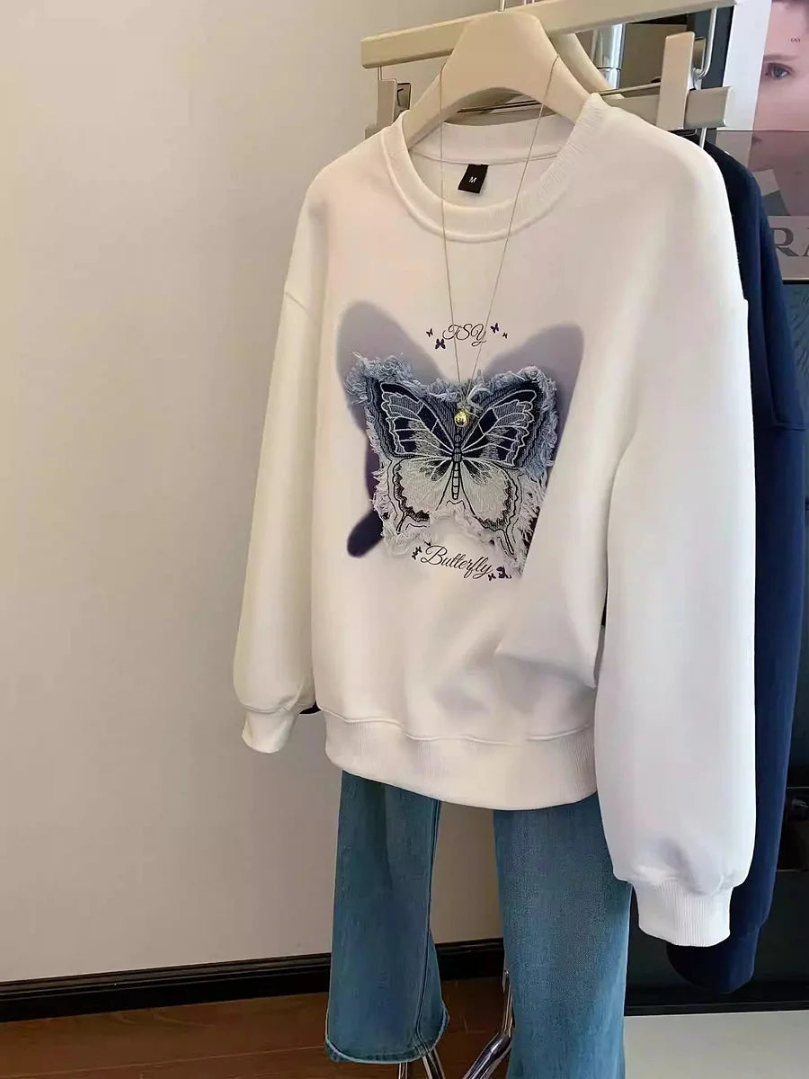 VINESU Casual Streetwear: White Sweatshirt  Denim Butterfly Patch