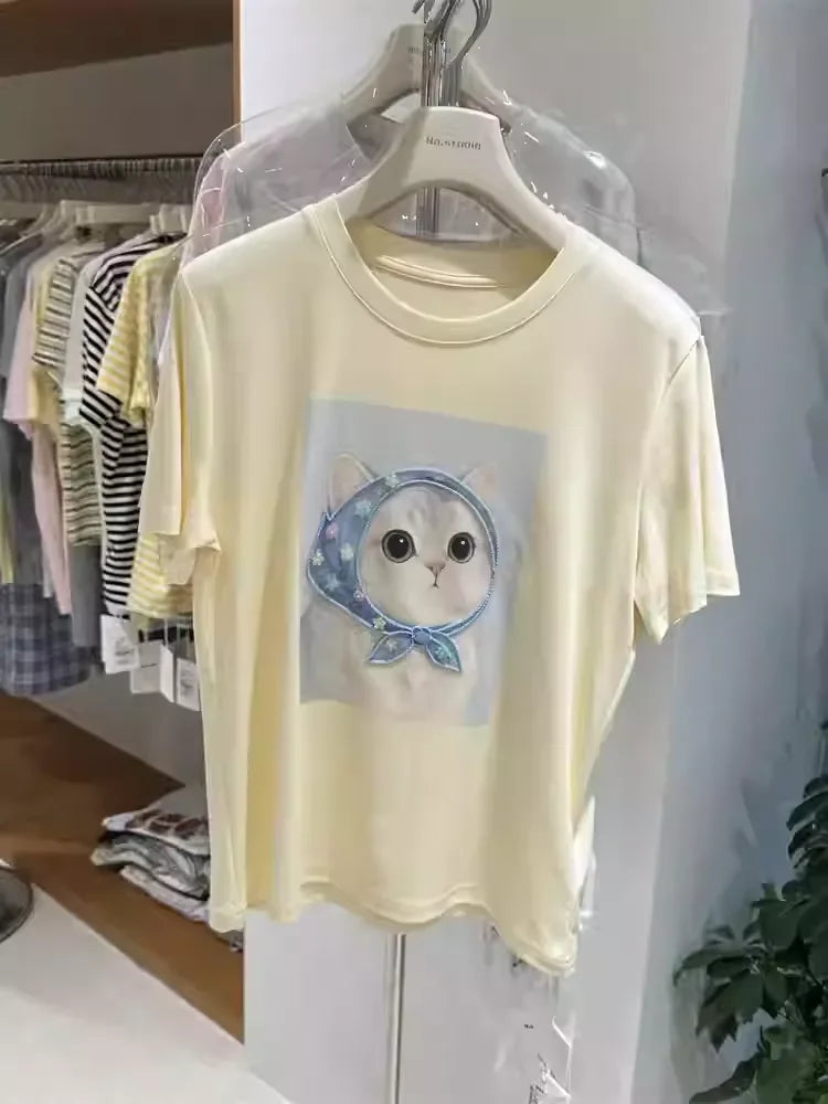 A125 - 220g Heavyweight Cotton Kawaii Cat Graphic T-Shirt - 3D Hand-Crocheted & Beaded Bandana Detail - Premium Boutique Aesthetic Tee