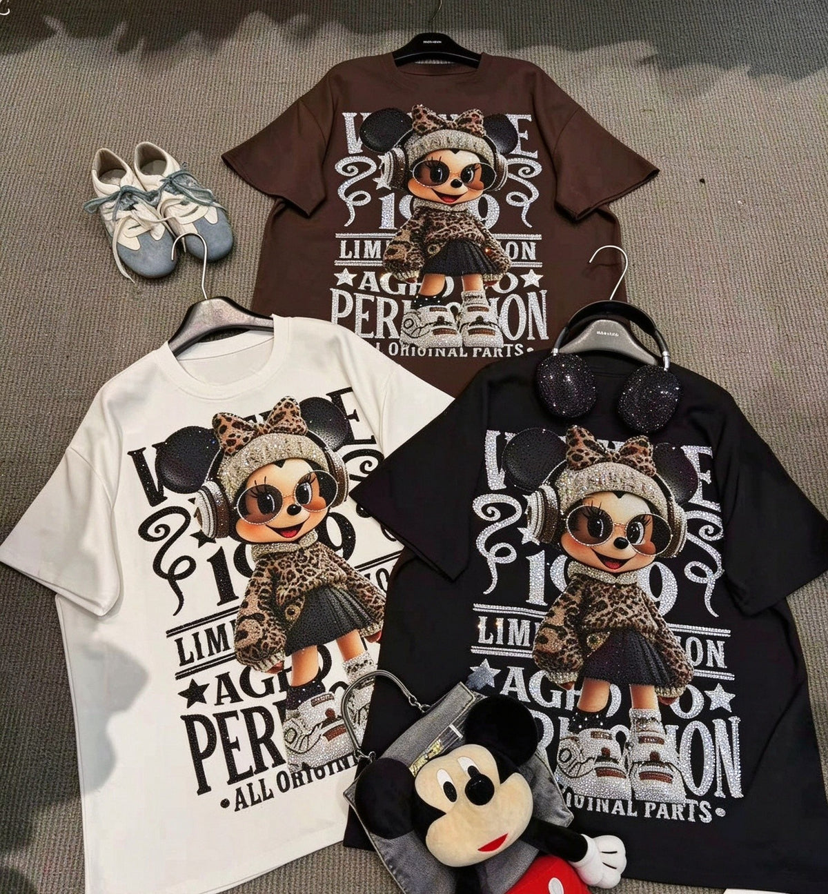 Heavy Rhinestone Sunglasses Minnie Graphic T-Shirt – Oversized Vintage Streetwear Tee