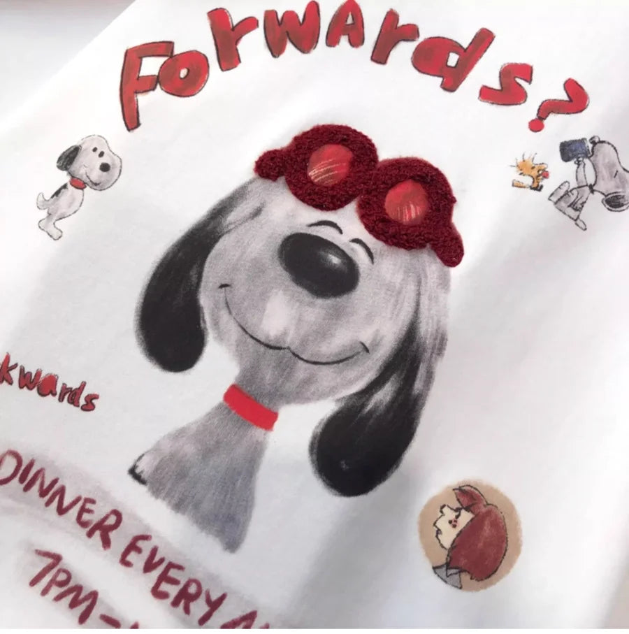 A145 - Hand-Embroidered Snoopy Outline T-Shirt - 220g Premium Heavyweight Cotton