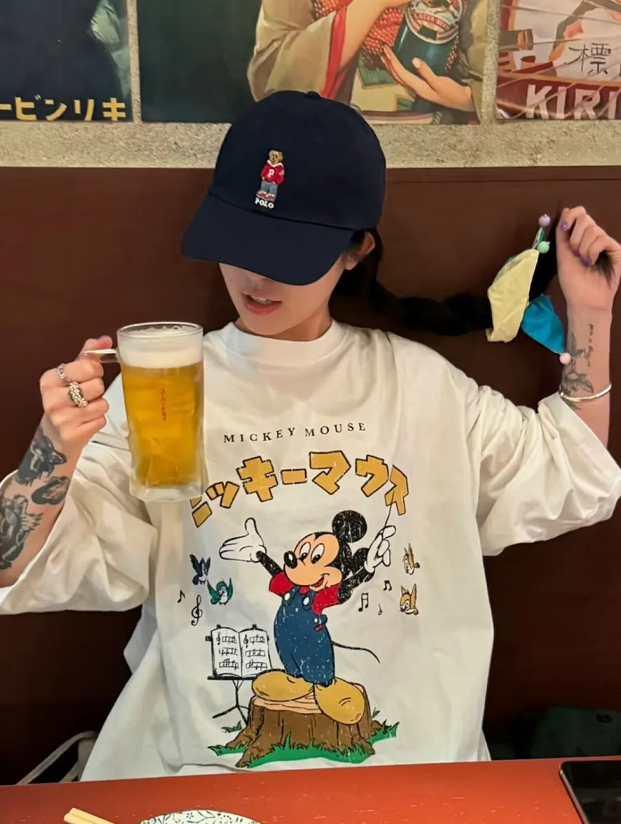 Vinesu A56 - Premium 100% Cotton Long Sleeve Graphic Tee - Cute Cartoon Mouse Print - Loose Fit Spring/Autumn Couple T-shirt in White