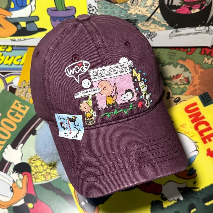 Vinesu H18 - Retro Snoopy Embroidered Baseball Cap - Vintage Washed Denim Comic Patch Hat, Aesthetic Peanuts Cartoon Dad Hat for Men & Women