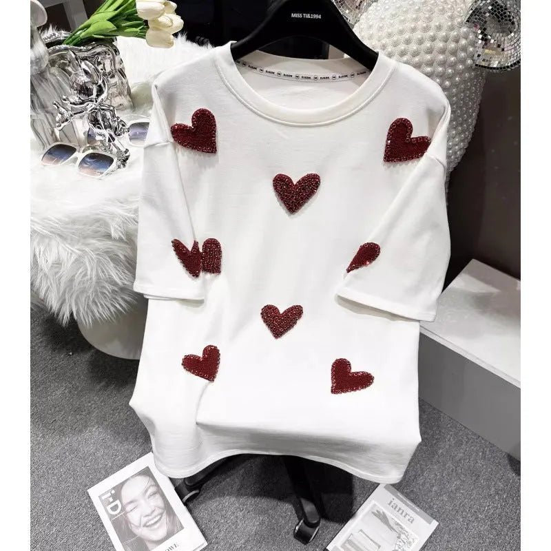 VINESU Spring New Creative Design-Brushed Flocking Diamond Heart Short Sleeve