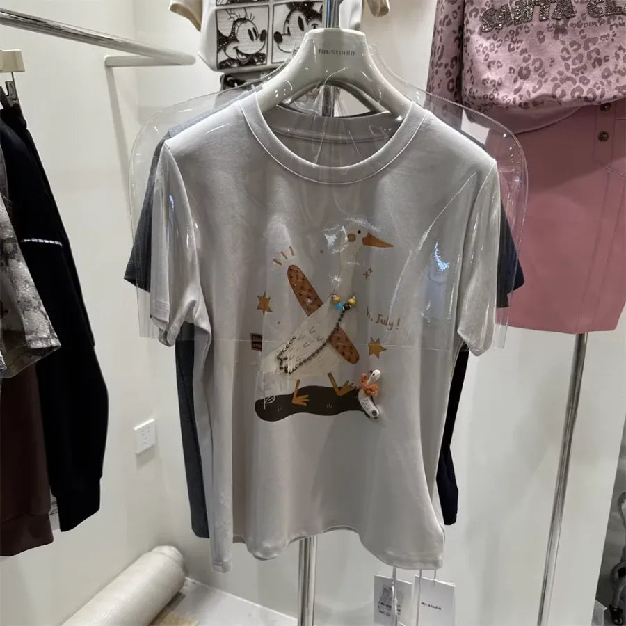 A106 - "Hi, July!" Artistic Goose Graphic T-Shirt - 220g Ultra-Heavyweight Cotton Tee with 3D Beaded Necklace & Patchwork Details