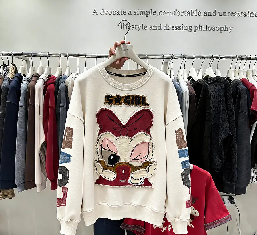 VINESU Y201 Vintage Washed Patchwork Sweatshirt - Heavy Detail Graphic Top