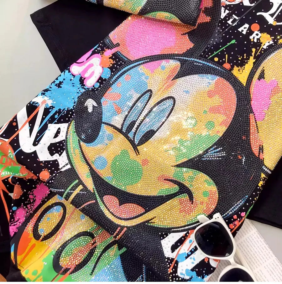 VINESU MK06 - Full Rhinestone Graffiti Mickey Oversized Cotton Tee