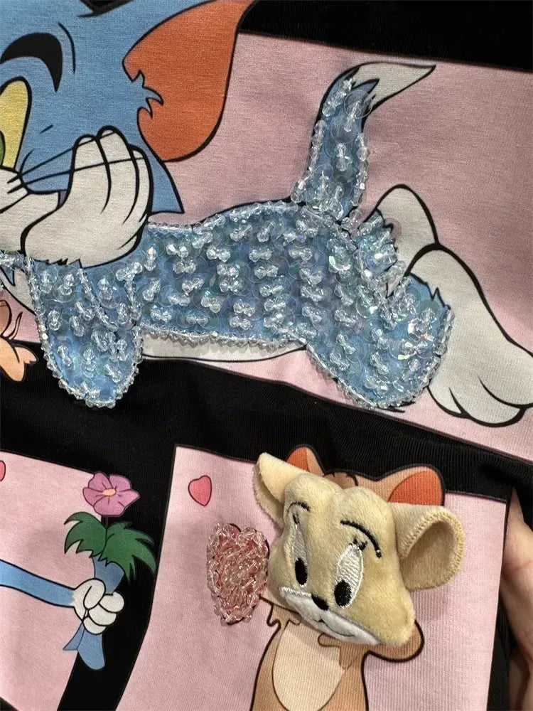 Artisan Tom & Jerry 3D Embellished Tee | Hand-Beaded Crystal Tom & Plush Jerry | 220g Premium Structured Cotton
