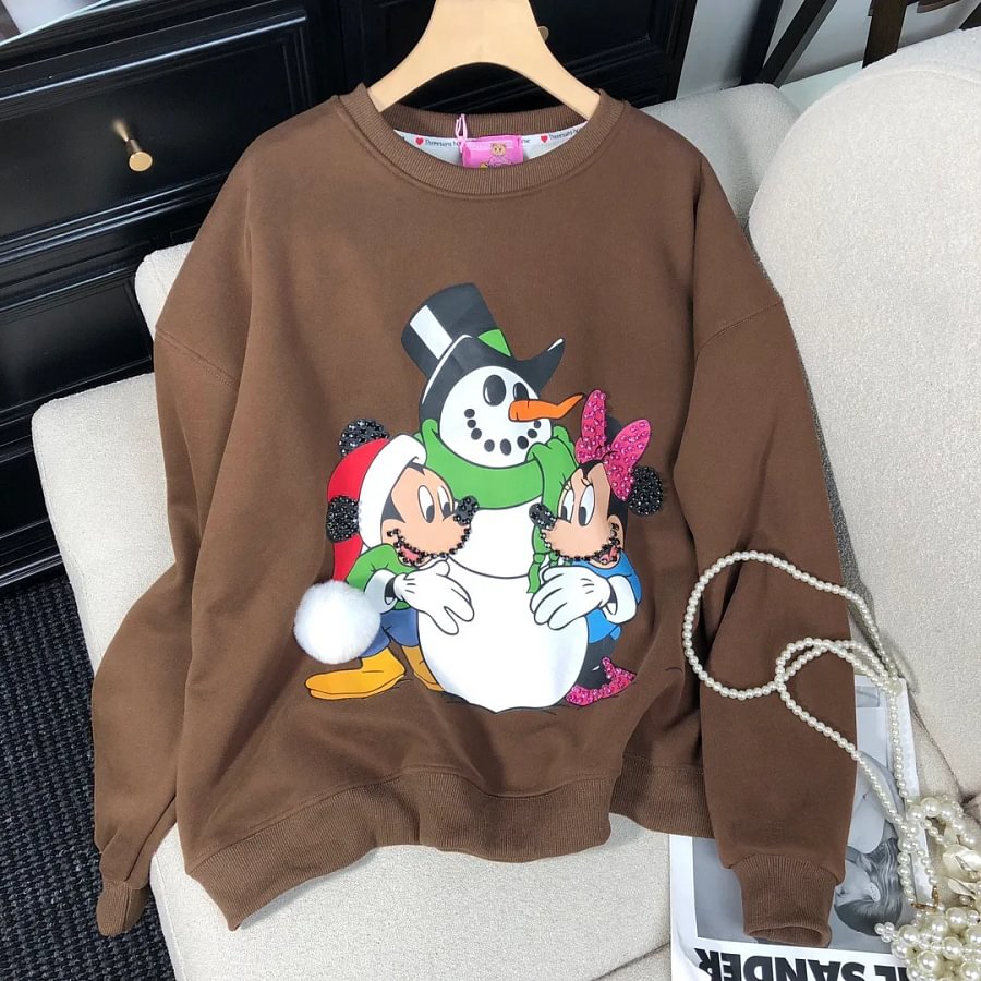 VINESU Christmas MK Cartoon Print Hand-Applied Beads Crewneck Sweatshirt