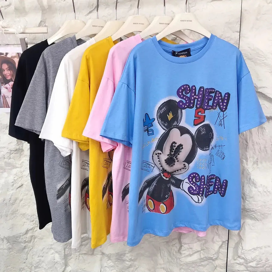 VINESU MKT07 - Oversized Graffiti Mouse T-Shirt for Women - 220g Breathable Cotton with Pearl & Rhinestone Embellishments (Sizes S-3XL)