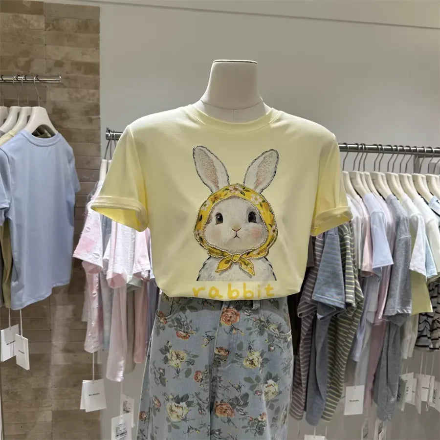 A122 -220g Cotton Tee with Hand-Beaded Bunny & Floral Hood Motif