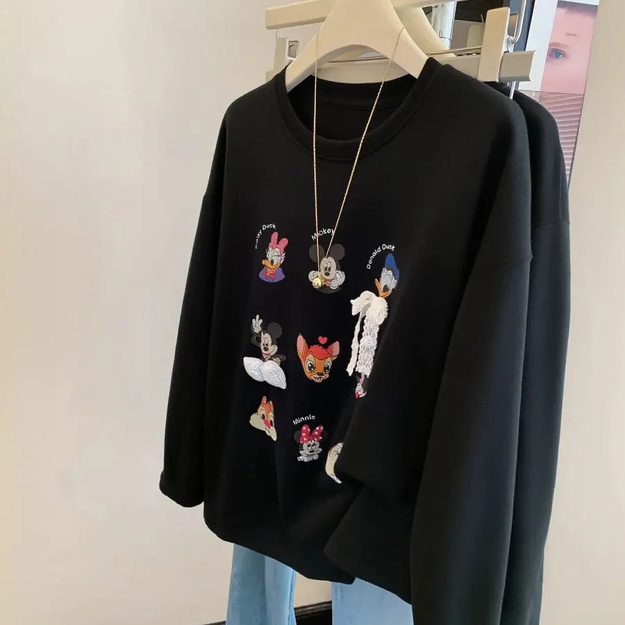 VINESU Navy Blue Vibe! Cartoon Printed Long-Sleeve T-Shirt with Style