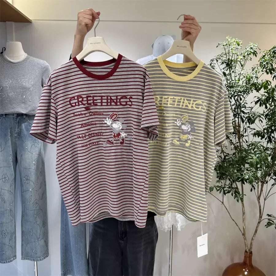 A133 - 2026 Urban Retro Mickey Striped Tee | 300g Heavyweight Premium Cotton | Oversized Summer Essential