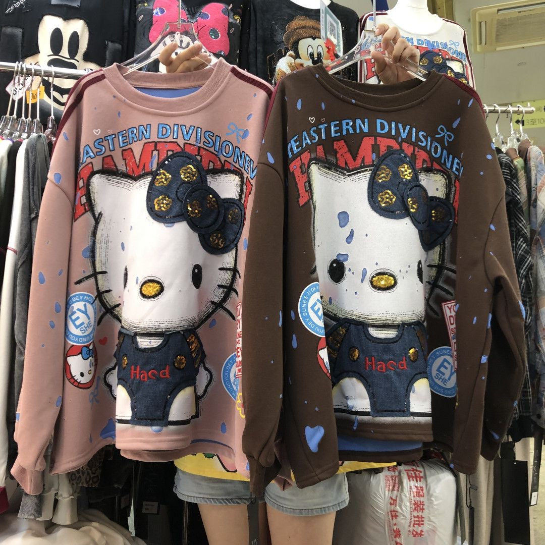 Sequin Embroidered HELLOKITTY Character Lightweight Sweatshirt – Double Side Graphic Crewneck