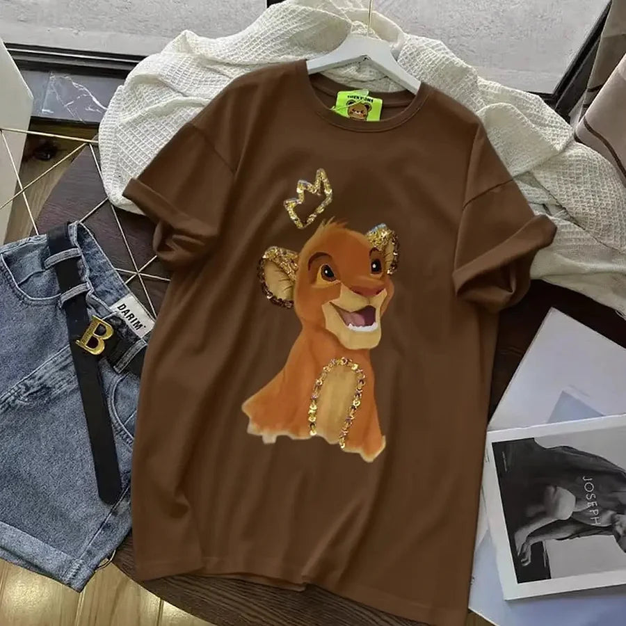 220g Cotton Simba Graphic Tee - Gold Sequin Crown & Ear Embellishments - Unisex