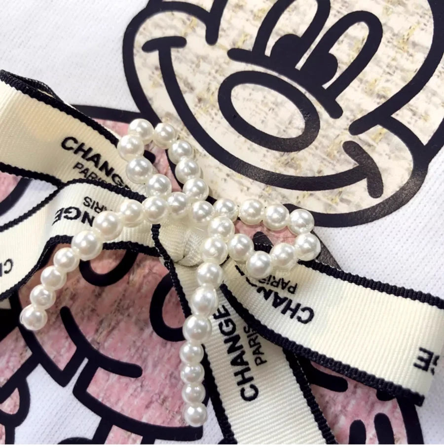 A143 - Luxury Handcrafted Pearl Ribbon Mickey T-Shirt - 220g Premium Heavyweight Cotton