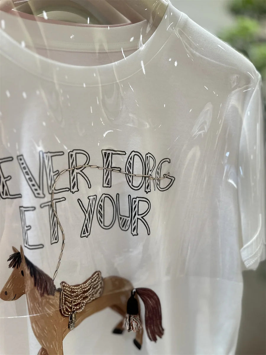 A192 - Artisan Embroidered Horse Graphic Tee - Heavyweight 220g Premium Cotton T-Shirt with Beaded Detail