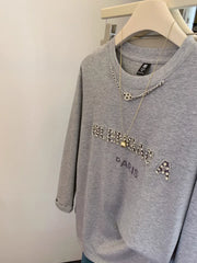 VINESU A33 - Rhinestone Embellished Paris Graphic Oversized Grey T-Shirt with Chain Necklace
