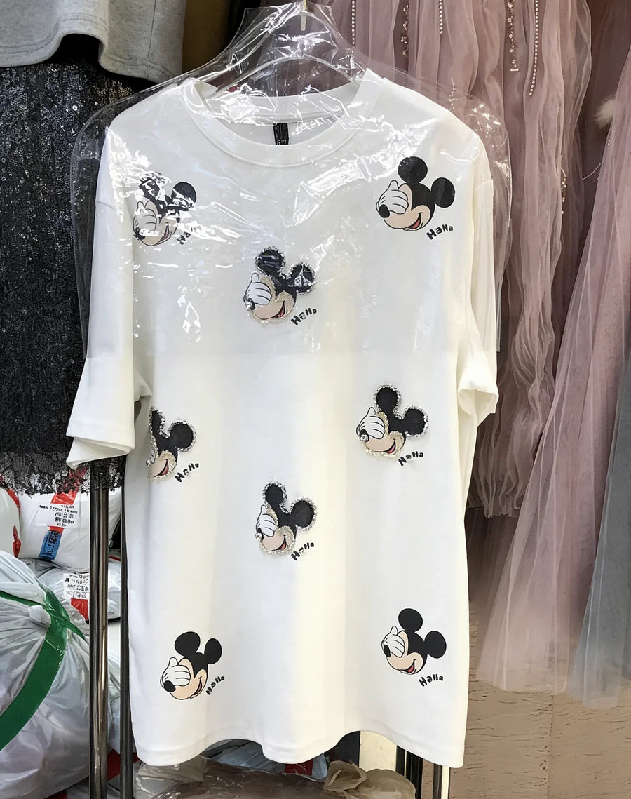 A95 - Luxury 3D Mickey Beaded T-Shirt | 220g Heavyweight Breathable Cotton | Hand-Embellished