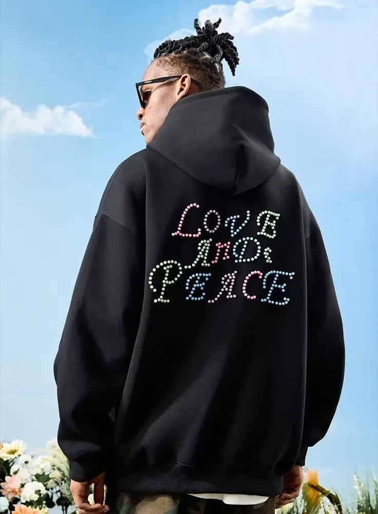 VINESU a38 - Pearl-Embellished "LOVE AND PEACE" Graphic Hoodie, Y2K Aesthetic Pullover