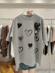 VINESU A25 - Heart Rhinestone & 3D Print Oversized Tee