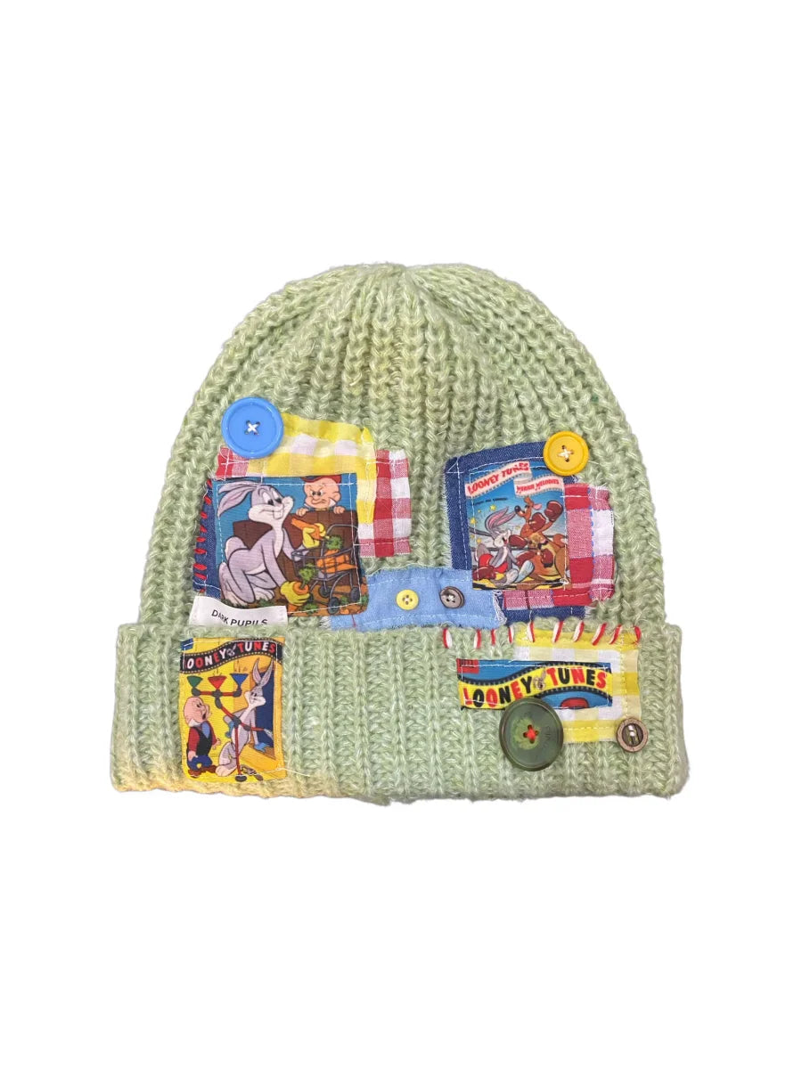 Vinesu H12 - Avocado Green Handmade Patchwork Knit Beanie | Vintage-Inspired Cartoon One-of-a-Kind Winter Hat
