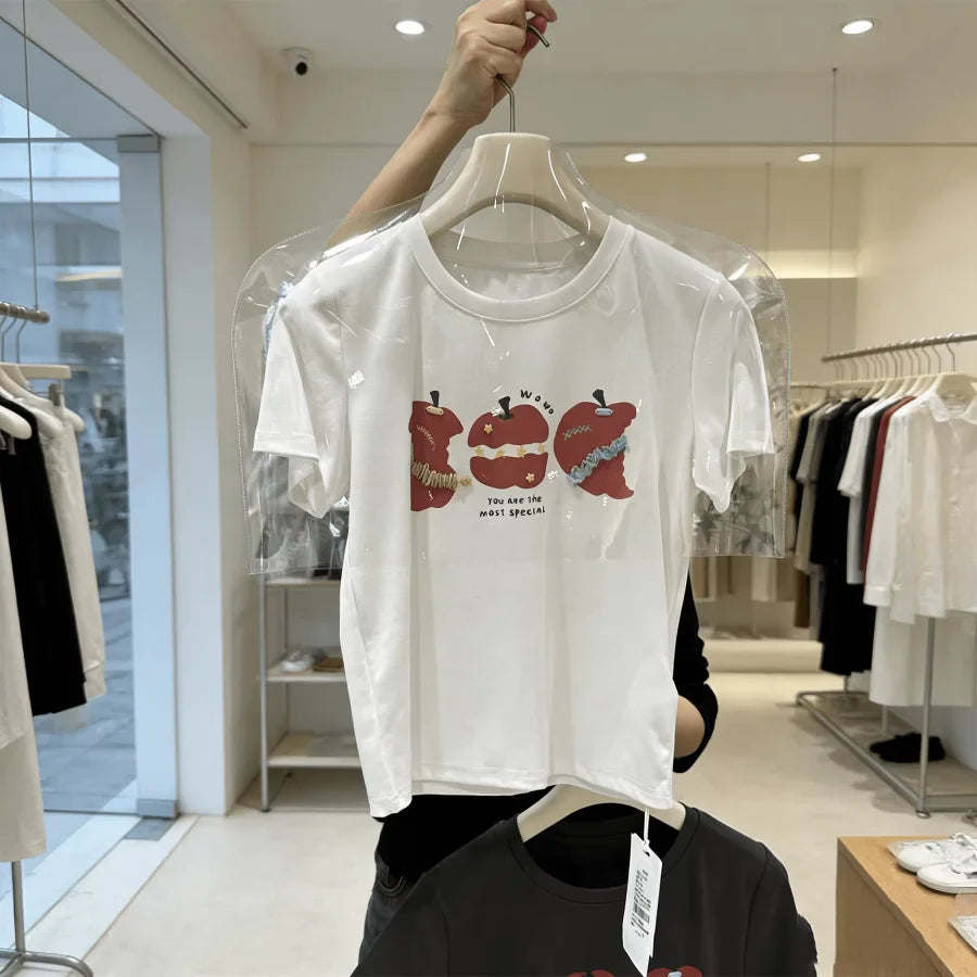 A117 - Premium 220 GSM Heavyweight Cotton Tee - Artistic Apple Graphic with Handmade 3D Details